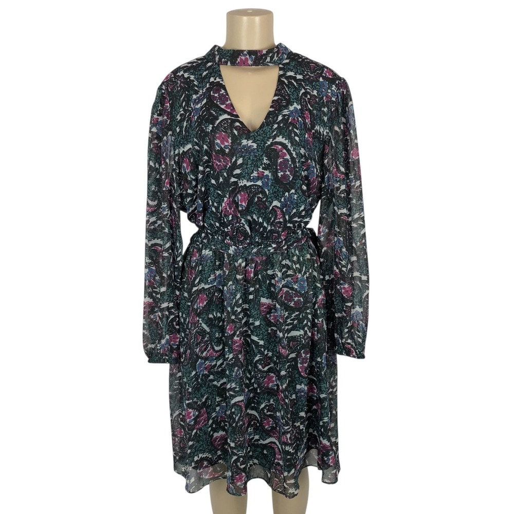 NWOT Lane‎ Bryant Multicolor Print Belted A-Line Dress Size 16 Keyhole V-Neck